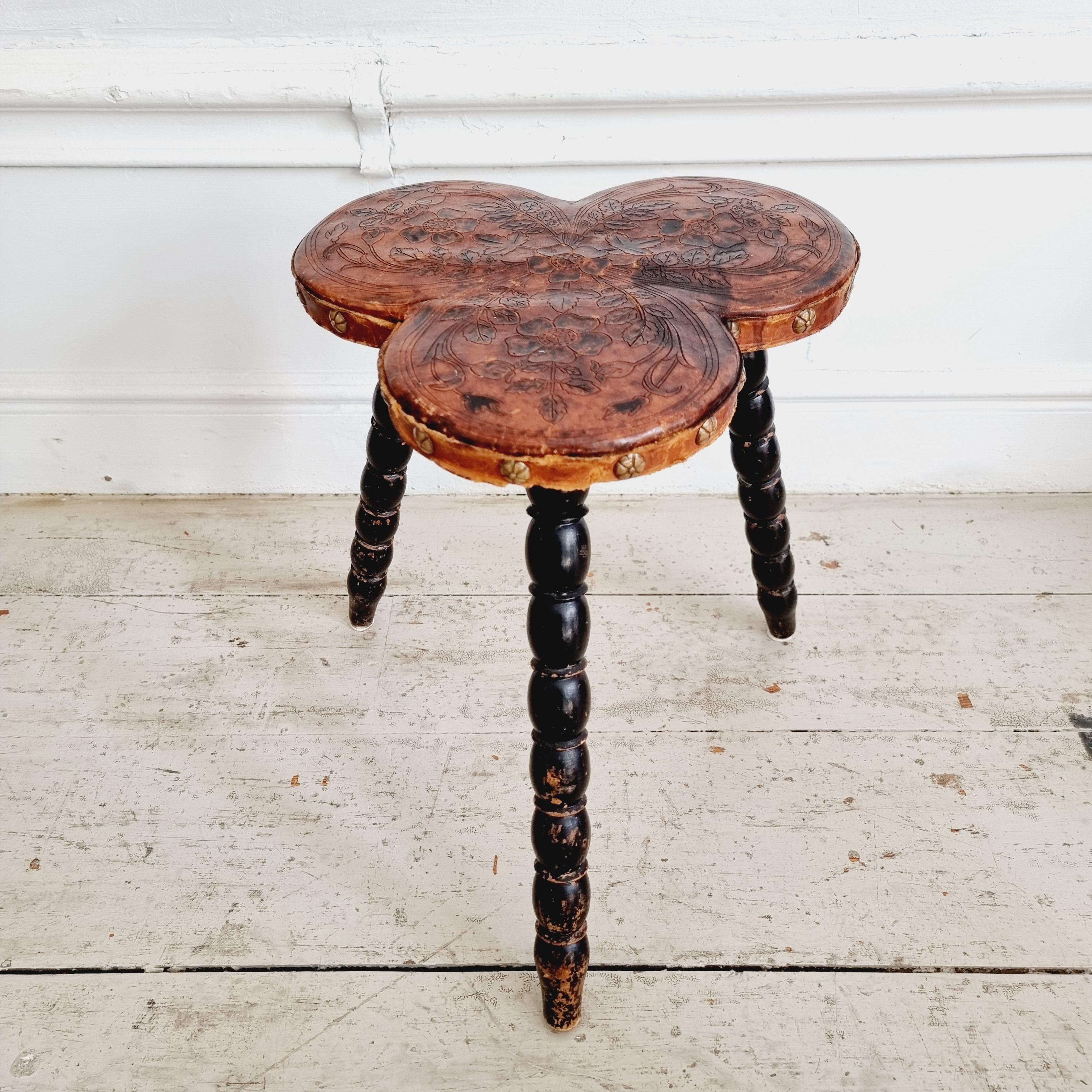 Leather Stool, embossed leather, by Frohm Båstad, early 1900s For Sale