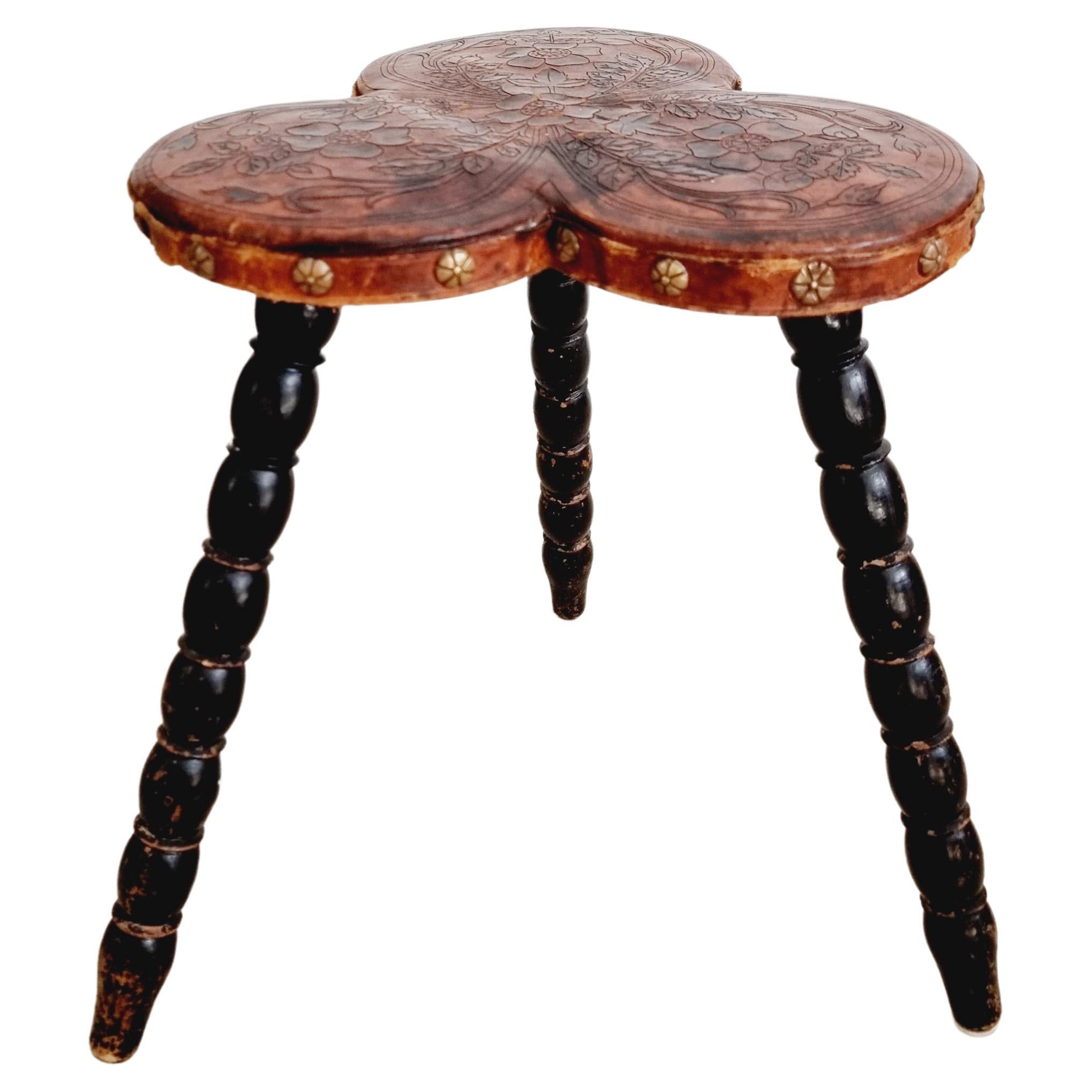 Stool, embossed leather, by Frohm Båstad, early 1900s For Sale