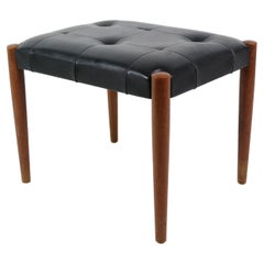 Taburete de teca y cuero negro de Erik Jørgensen, diseño danés de los años 60