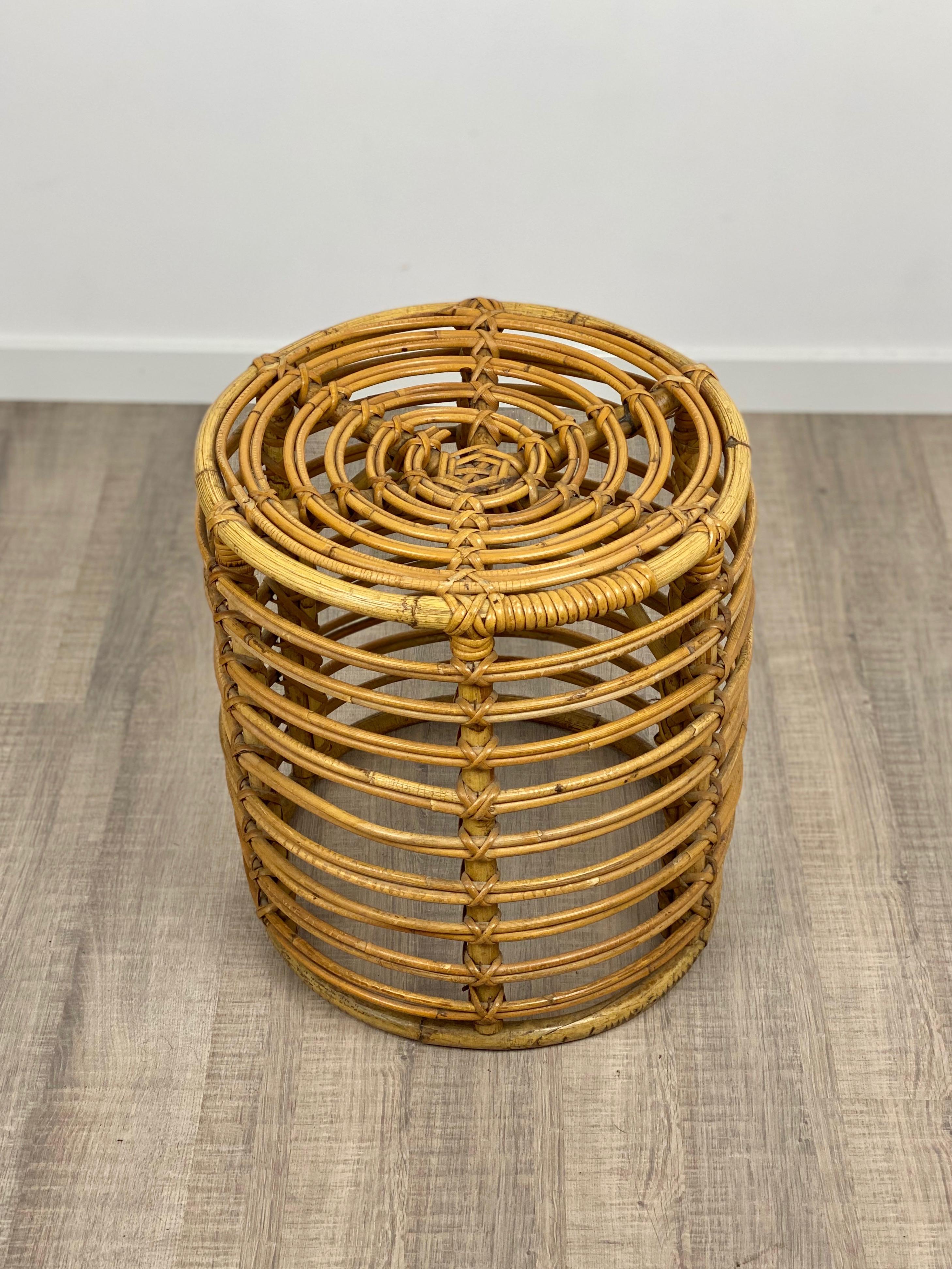 Mid-Century Modern Stool Bamboo and Wicker, Pouf, Italy, 1960s