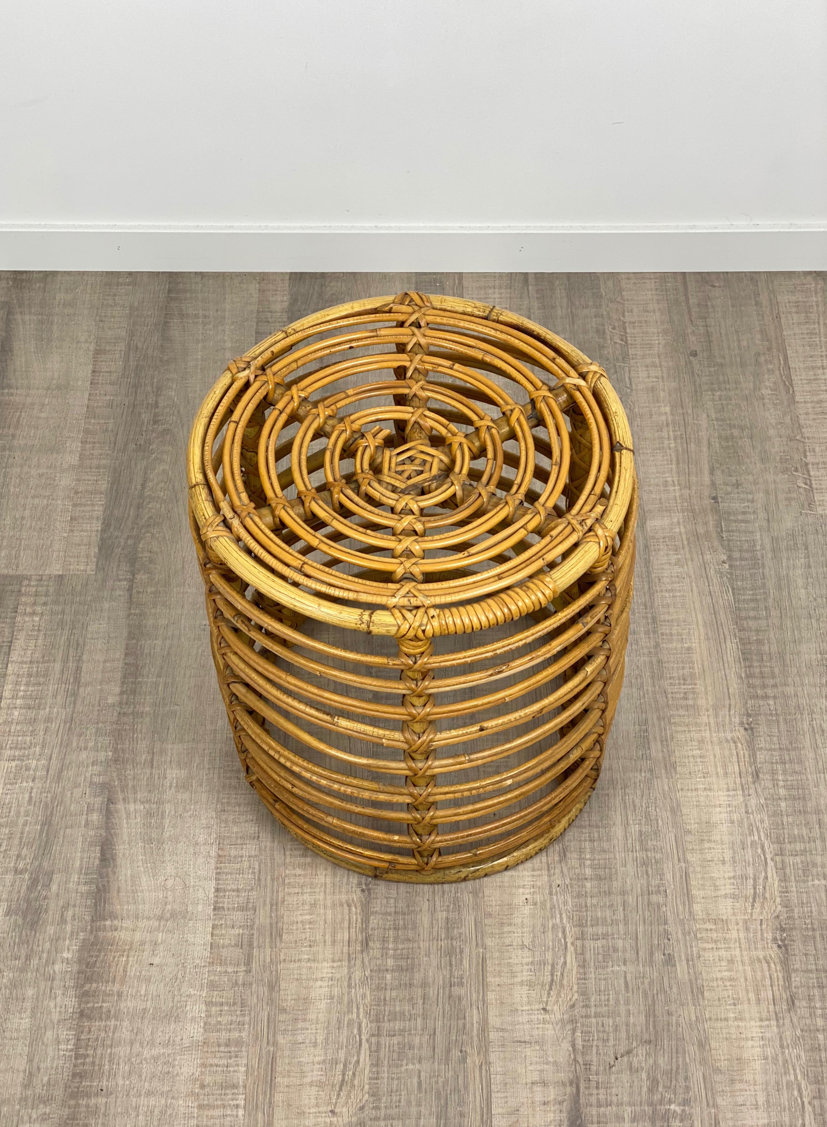 Mid-20th Century Stool Bamboo and Wicker, Pouf, Italy, 1960s