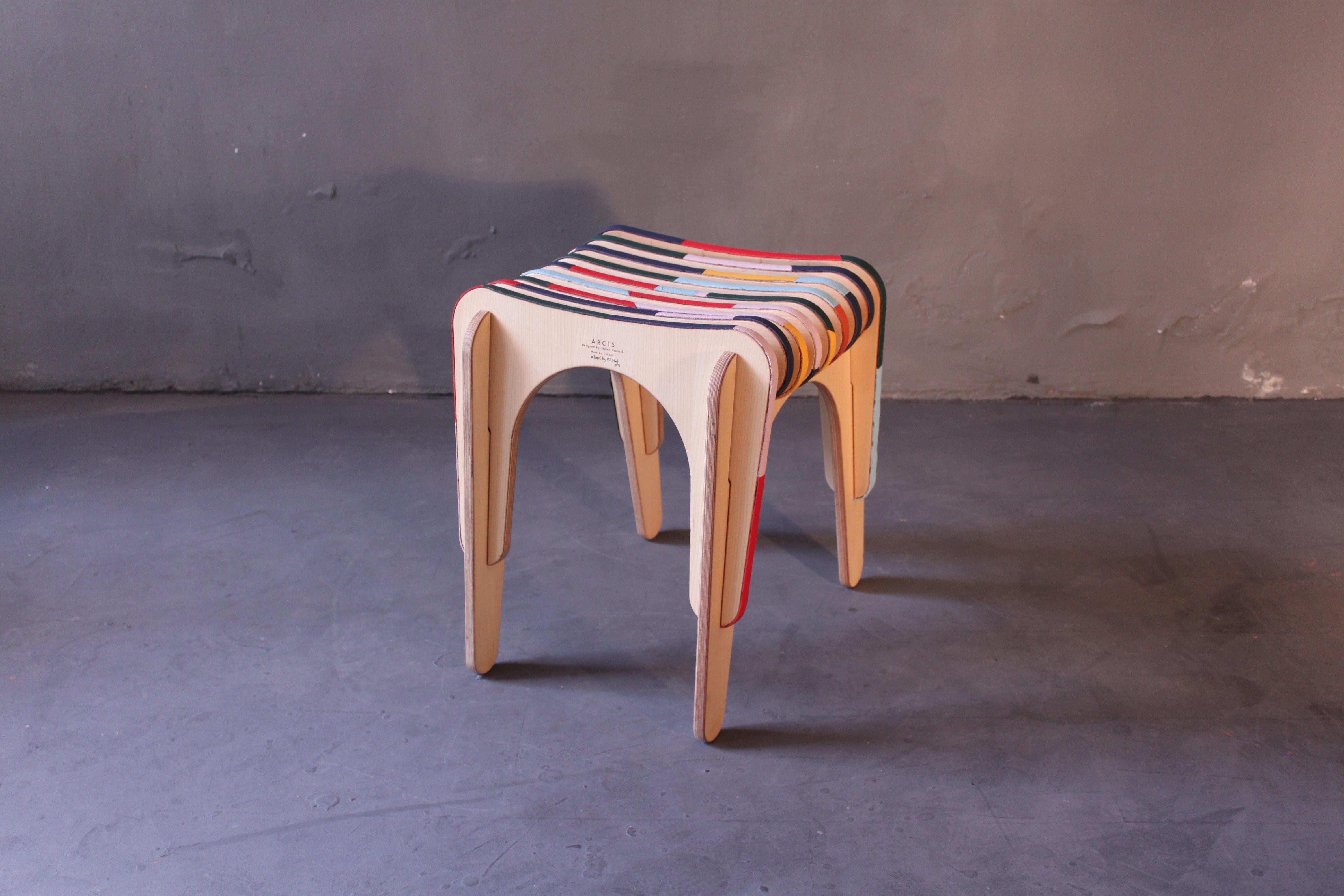 Colaboration between Praunheimer Werkstätten and Markus Friedrich Staab, different leather stripes added to make this stool one of a kind.

• Born 1964 in Aschaffenburg, Germany
• Since 1986 active as a visual artist
• Since 1989 national and