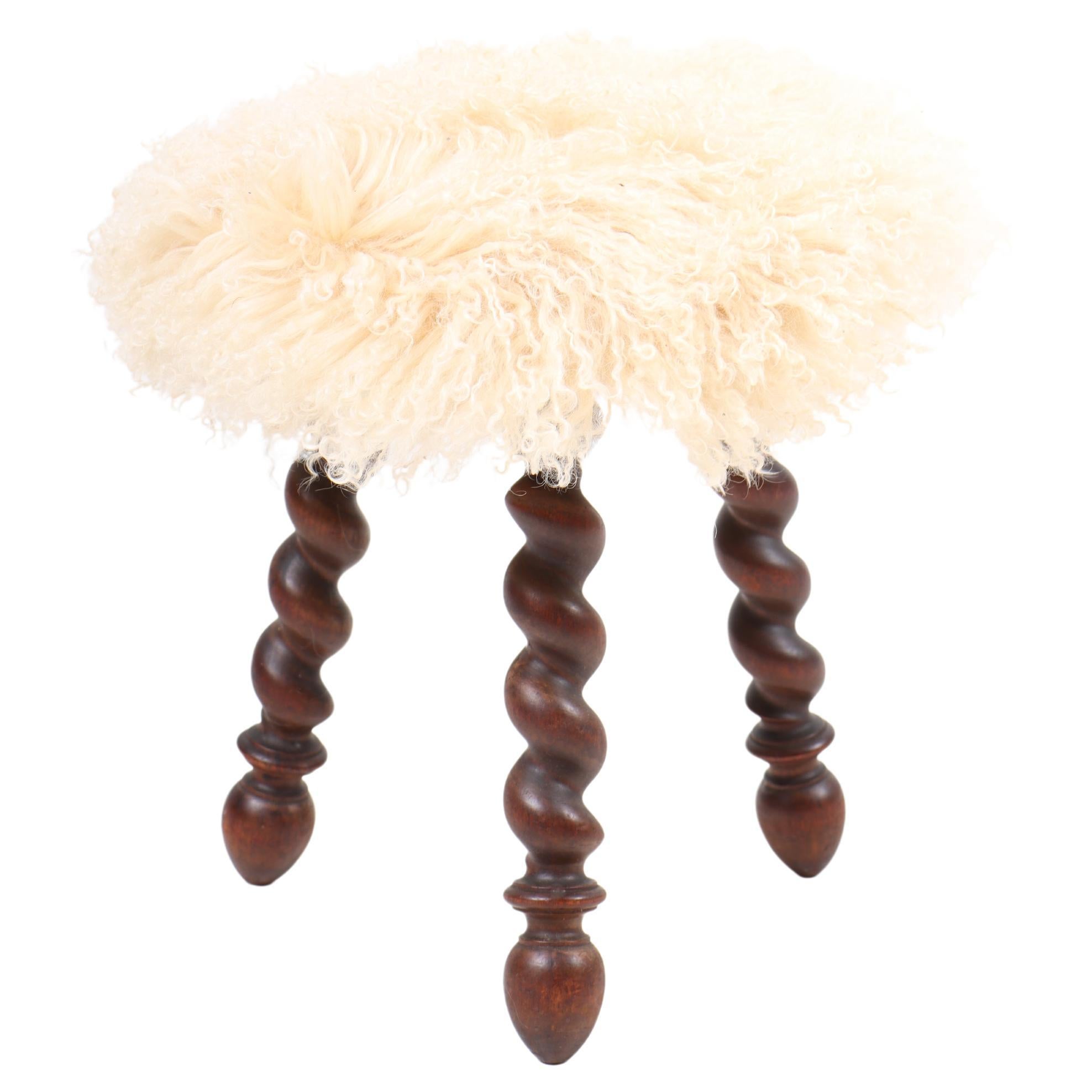 Stool in Mahogany and Sheepskin, Made in Sweden 1930s For Sale