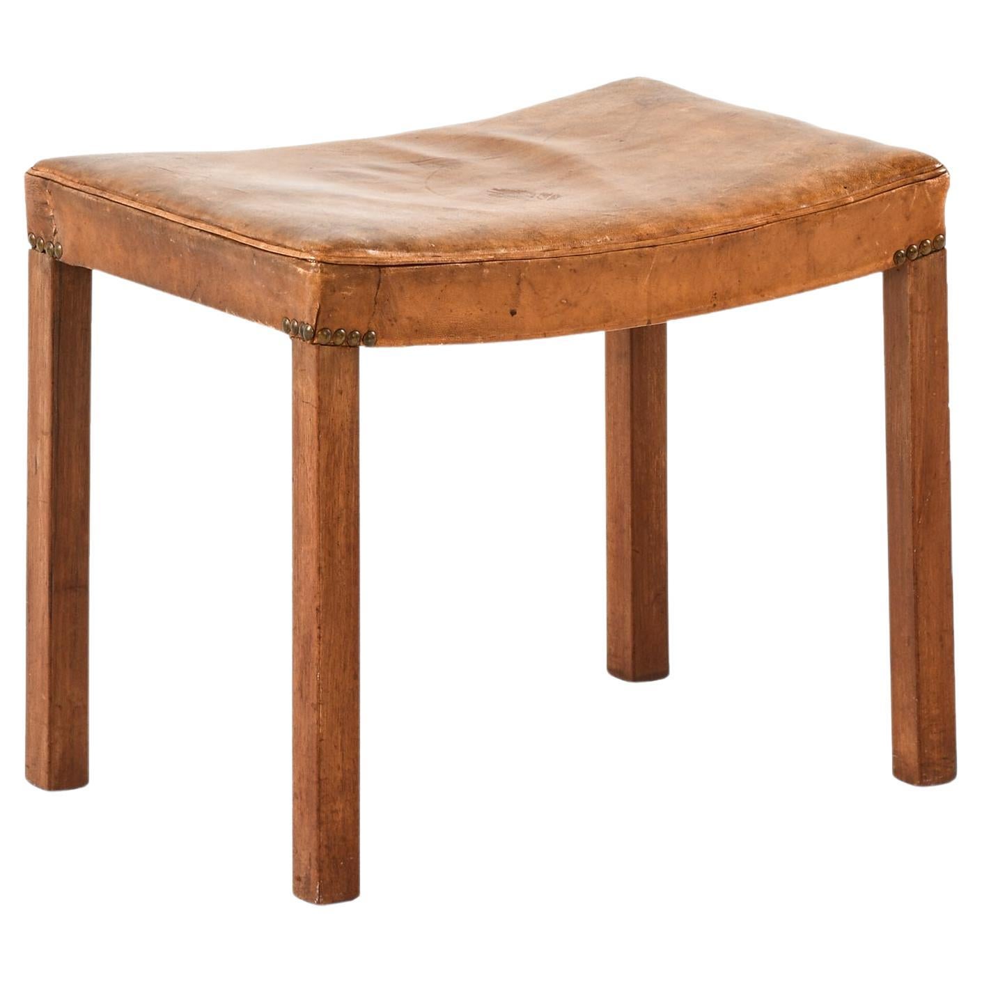 Stool in Mahogany, Leather and Brass by Frits Henningsen, 1940s