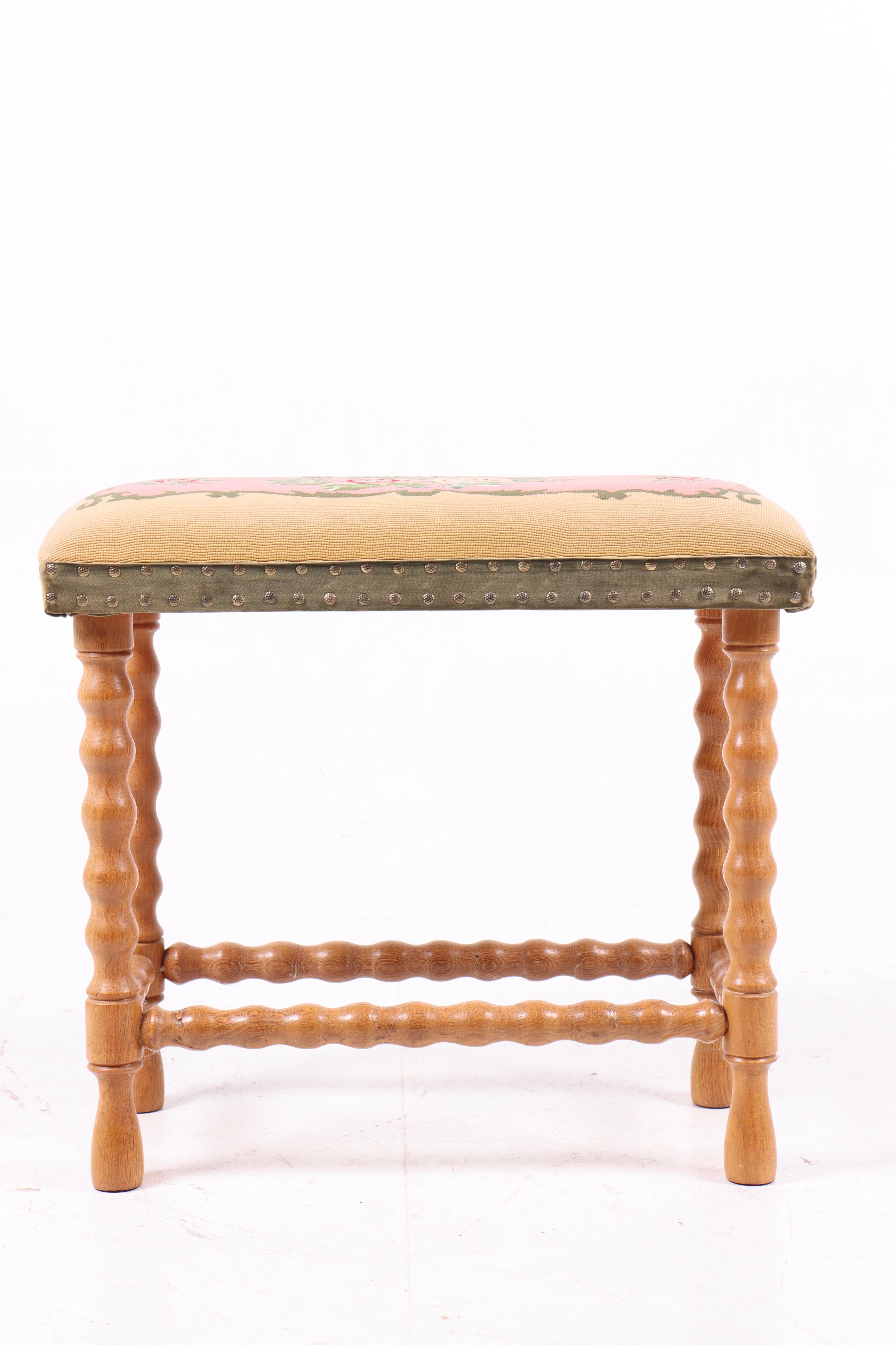 Scandinavian Modern Stool in Patinated Oak and Fabric, Made in Denmark, 1950s For Sale