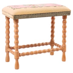 Stool in Patinated Oak and Fabric, Made in Denmark, 1950s