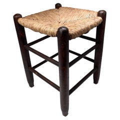 Stool in Rush and Wood, Old Patina, in the Style of Charlotte Perriand, France