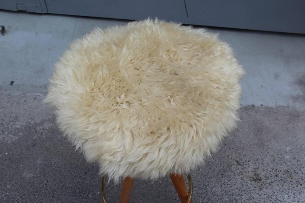 Stool in Sheepskin Wood and Brass Design Italian Mid-century Modern  For Sale 5