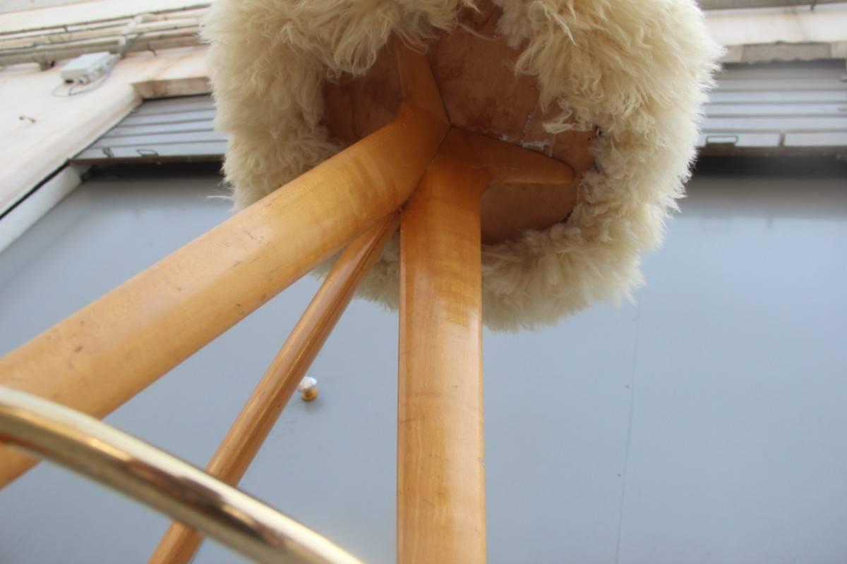 Stool in Sheepskin Wood and Brass Design Italian Mid-century Modern  For Sale 1