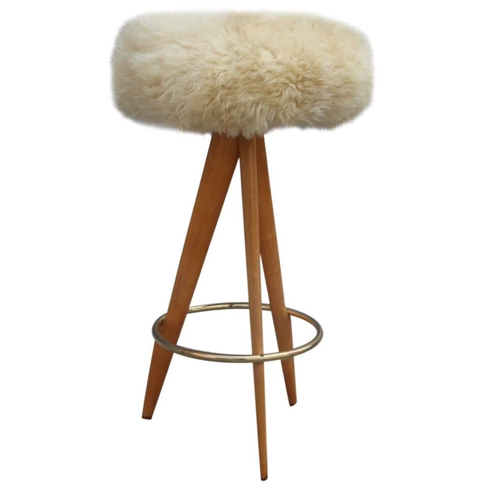 Stool in Sheepskin Wood and Brass Design Italian Mid-century Modern 