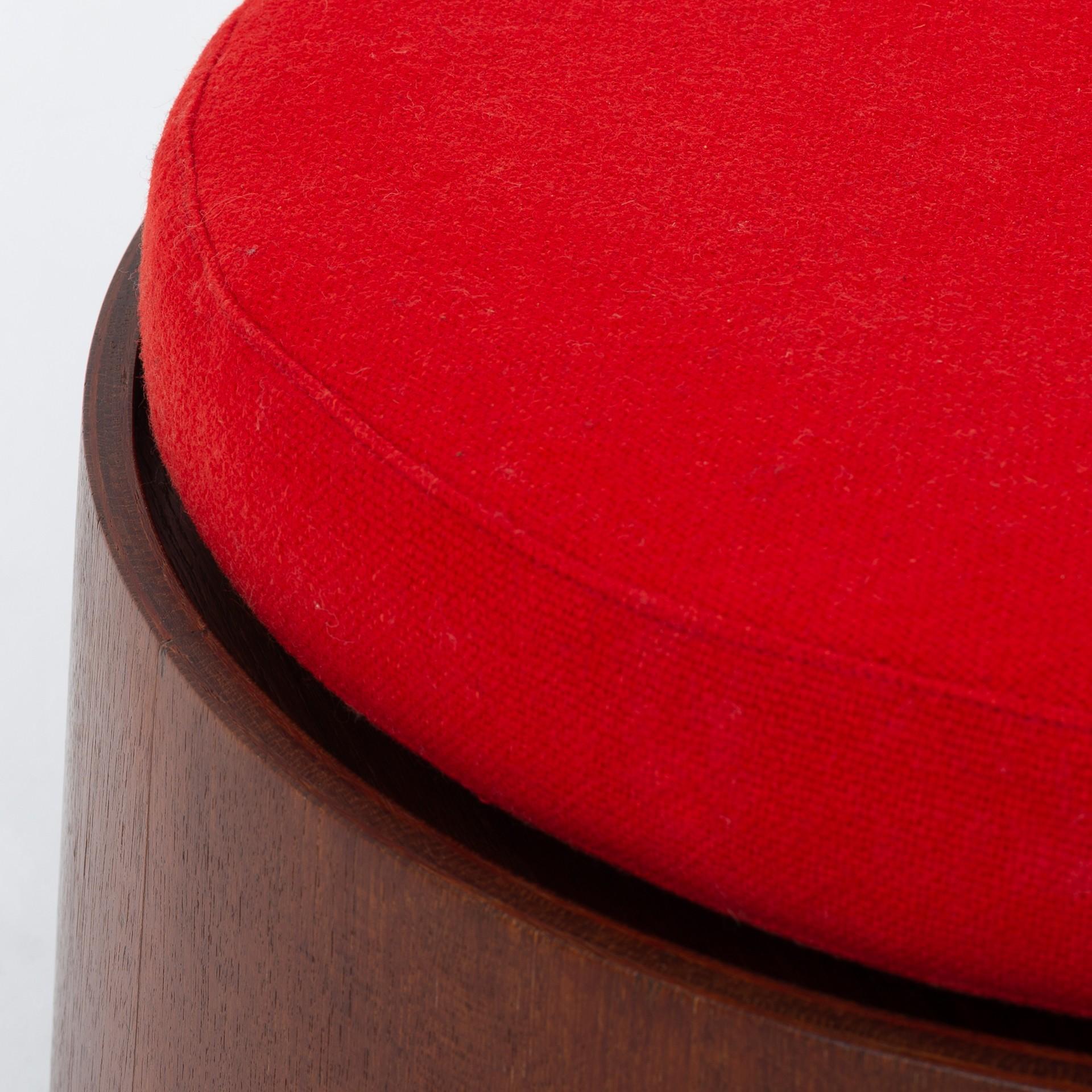 Rare stool in teak with red Hallingdal 65 wool. Maker Poul Christiansen. Designed 1962.