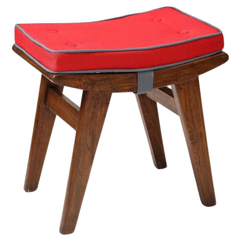 Tabouret en teck, canne et tissu d'ameublement de Pierre Jeanneret, Chandigarh, vers 1959