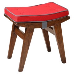 Tabouret en teck, canne et tissu d'ameublement de Pierre Jeanneret, Chandigarh, vers 1959