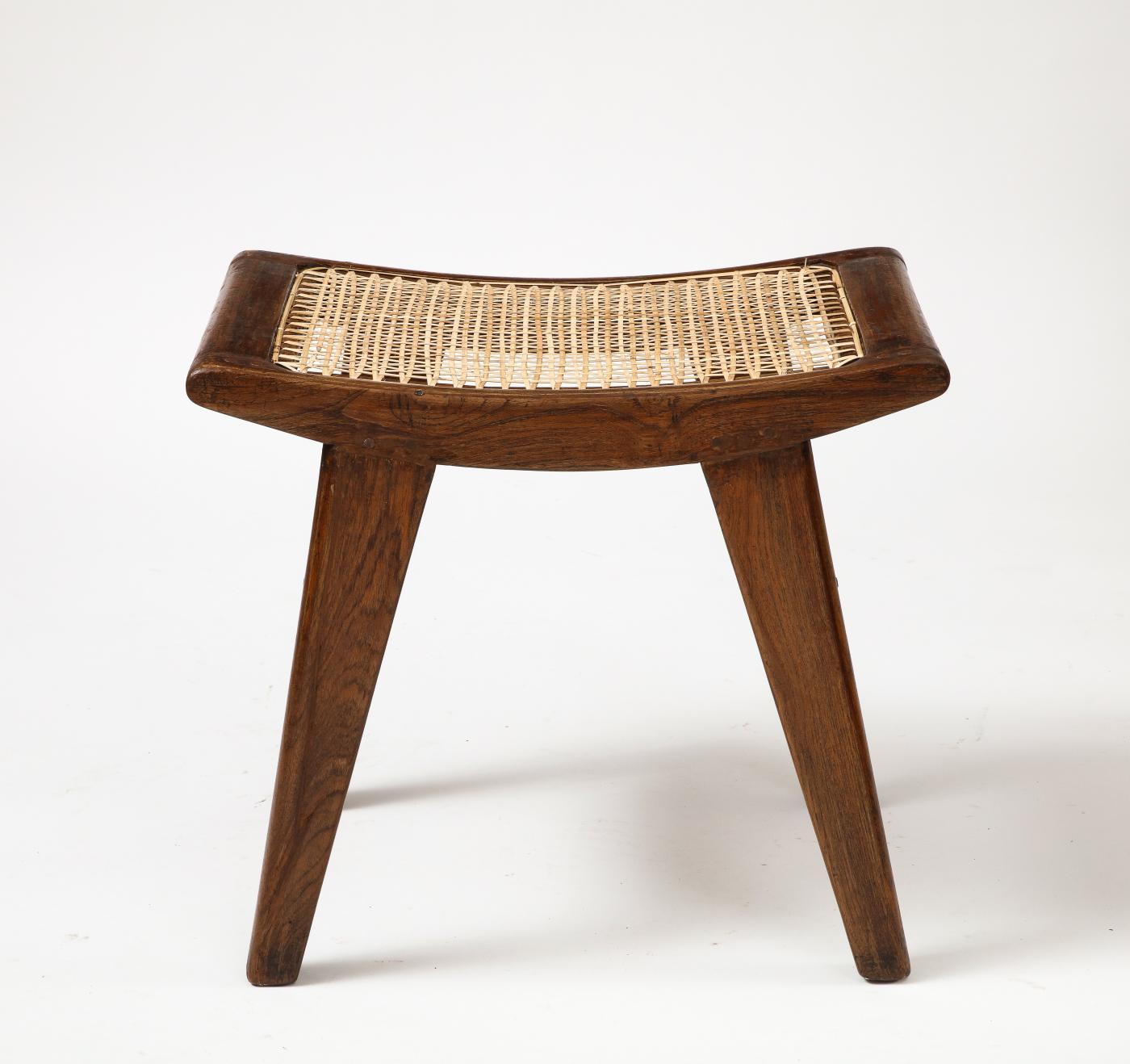 Minimalist Stool in Teak, Cane and Upholstery by Pierre Jeanneret, Chandigarh, c. 1959 For Sale