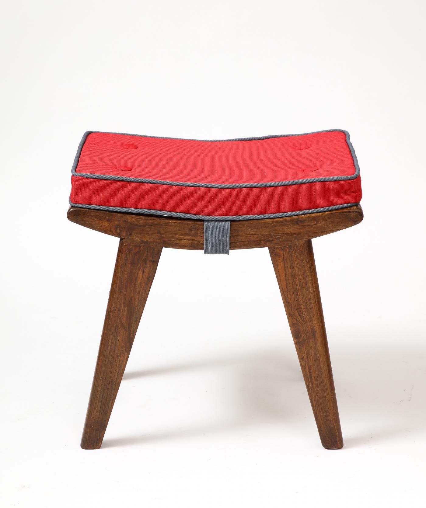 Stool in Teak, Cane and Upholstery by Pierre Jeanneret, Chandigarh, c. 1959 For Sale 1