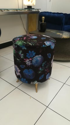 Stool in Velvet Fabric, Flowers Decor, Brass Feet
