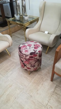 Stool in Velvet Fabric, Flowers Decor, Brass Feet