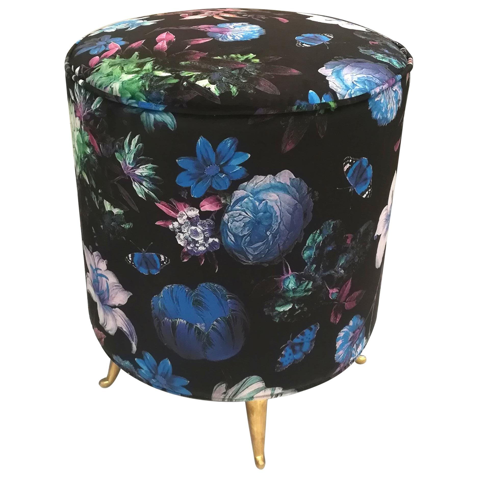 Stool in Velvet Fabric, Flowers Decor, Brass Feet For Sale