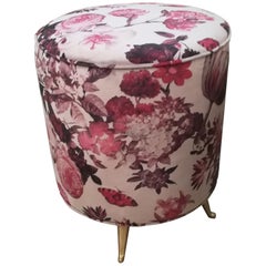 Stool in Velvet Fabric, Flowers Decor, Brass Feet