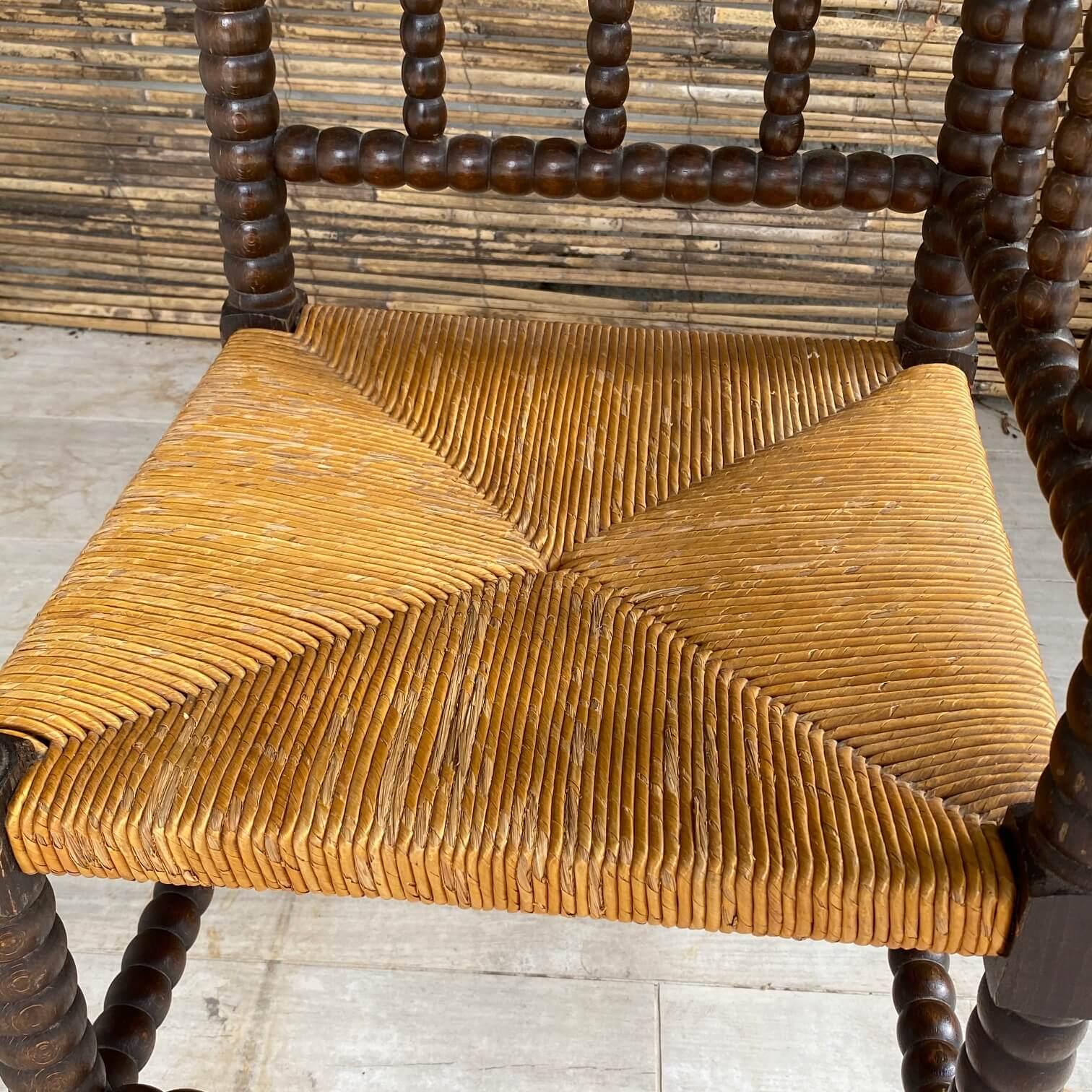 Mid-20th Century Stool in Wood and Straw, Brown and Yellow, France 1970, French Riviera