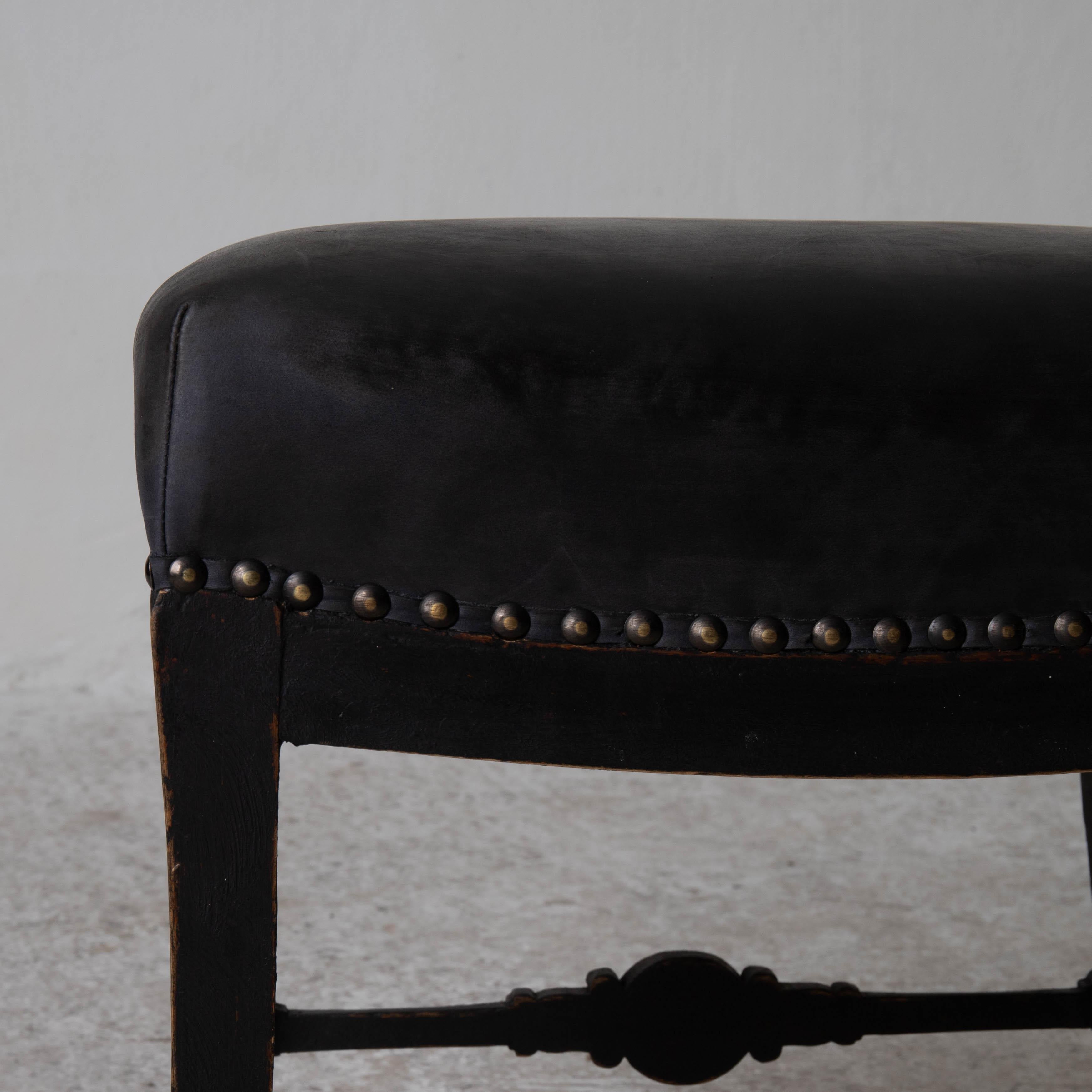 Stool Karl Johan Swedish 1810-1840 Black Leather Seat, Sweden In Good Condition For Sale In New York, NY