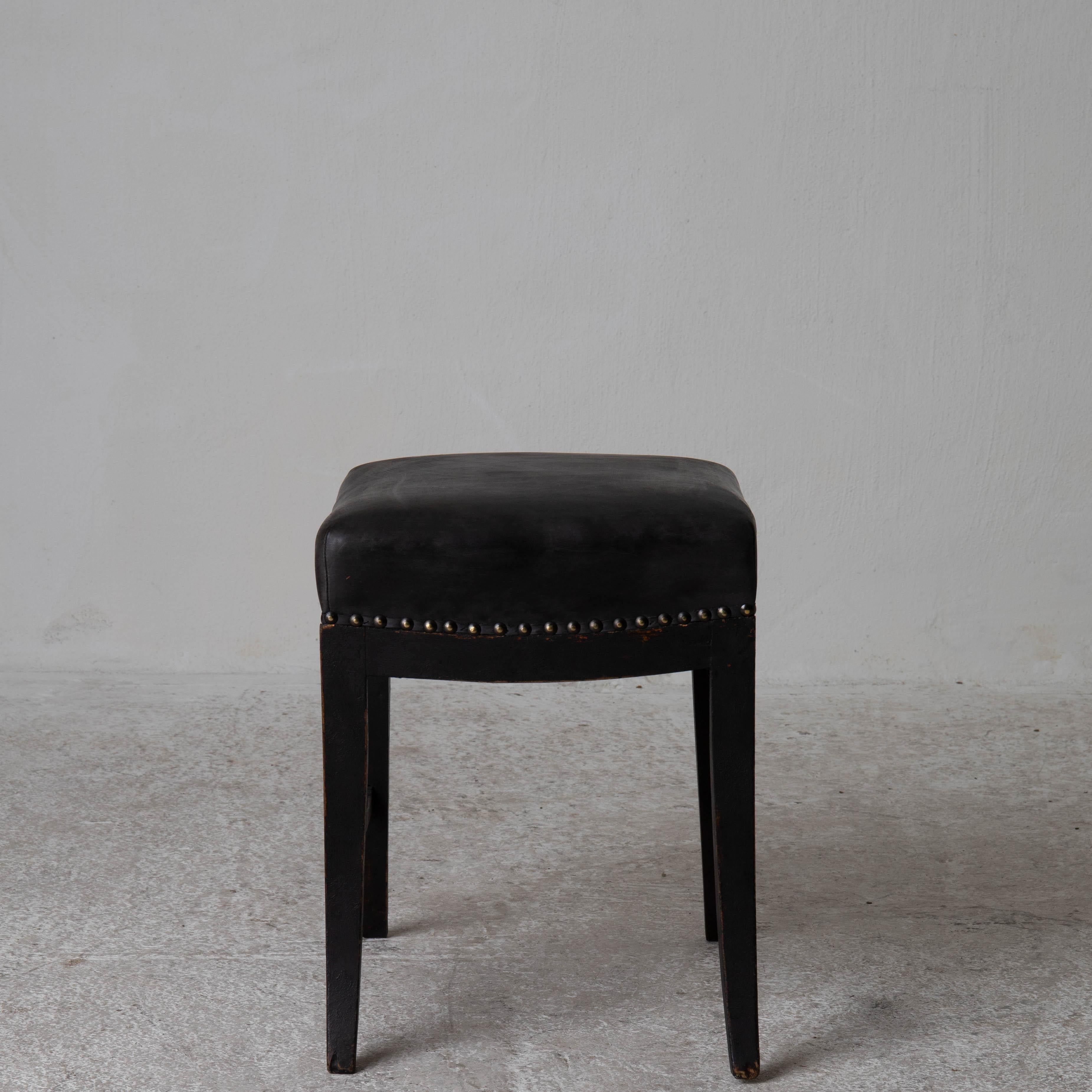 19th Century Stool Karl Johan Swedish 1810-1840 Black Leather Seat, Sweden For Sale