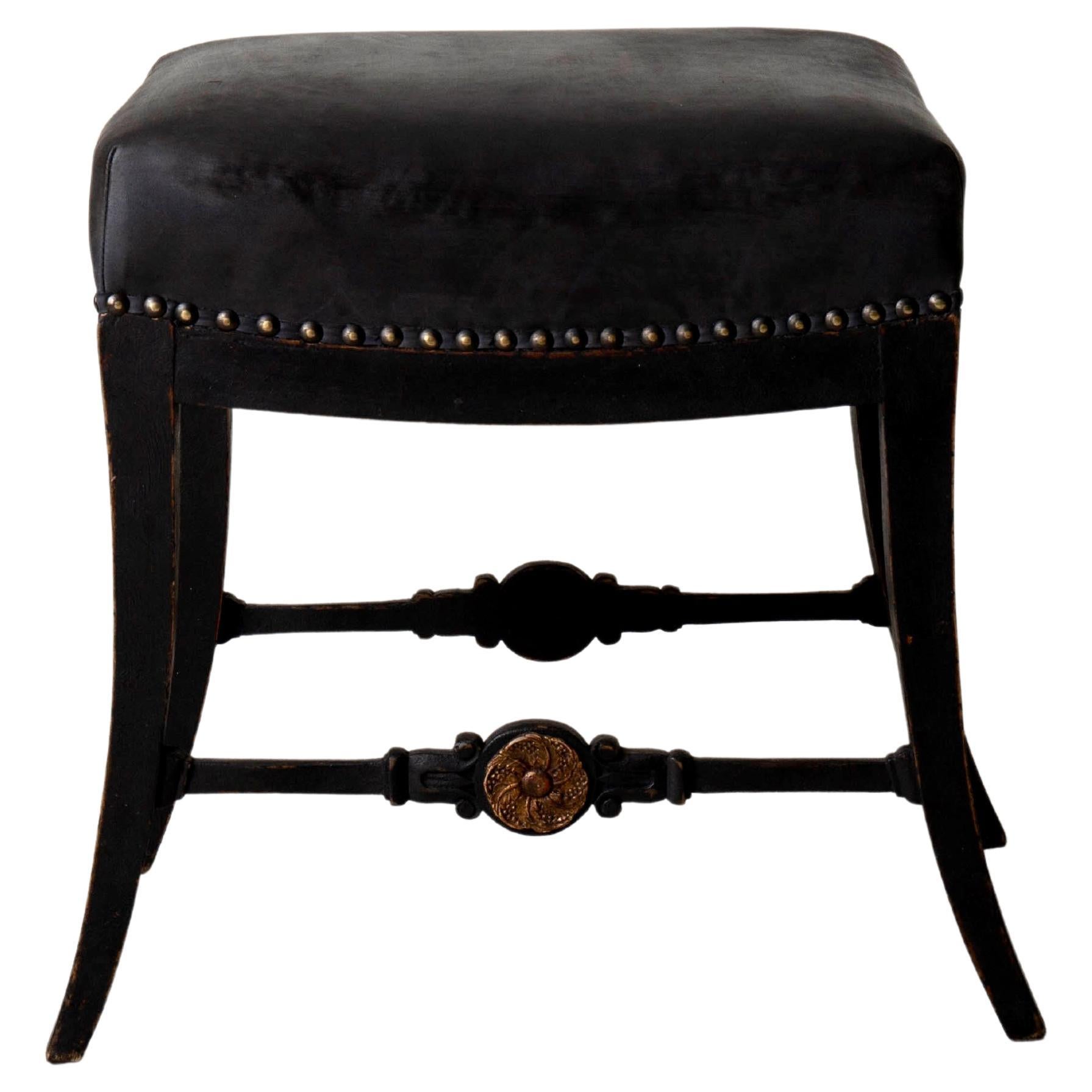 Stool Karl Johan Swedish 1810-1840 Black Leather Seat, Sweden