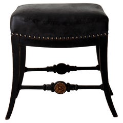 Stool Karl Johan Swedish 1810-1840 Black Leather Seat, Sweden