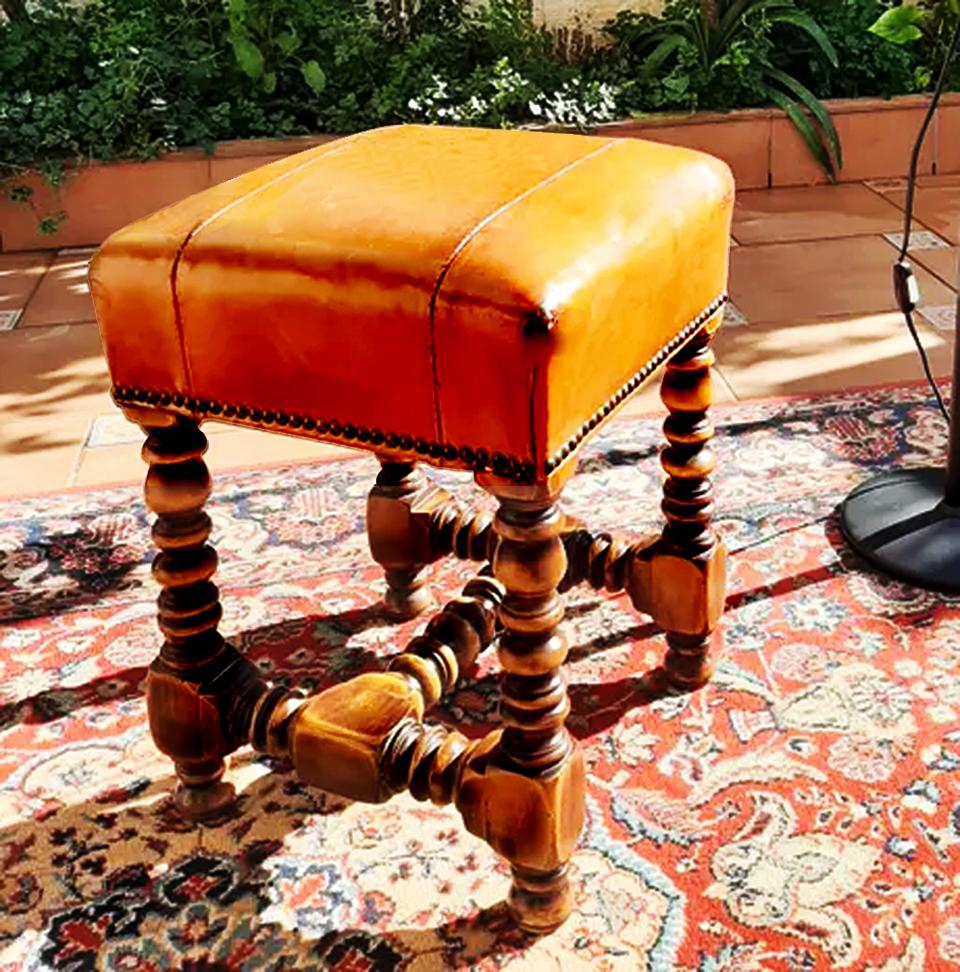 European  Stool Camel Leather Walnut  Footrest Louis XIII Style Valenti, Barcelona, Spain For Sale