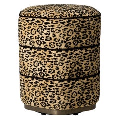 Tabouret, tissu léopard camel, base finition bronze