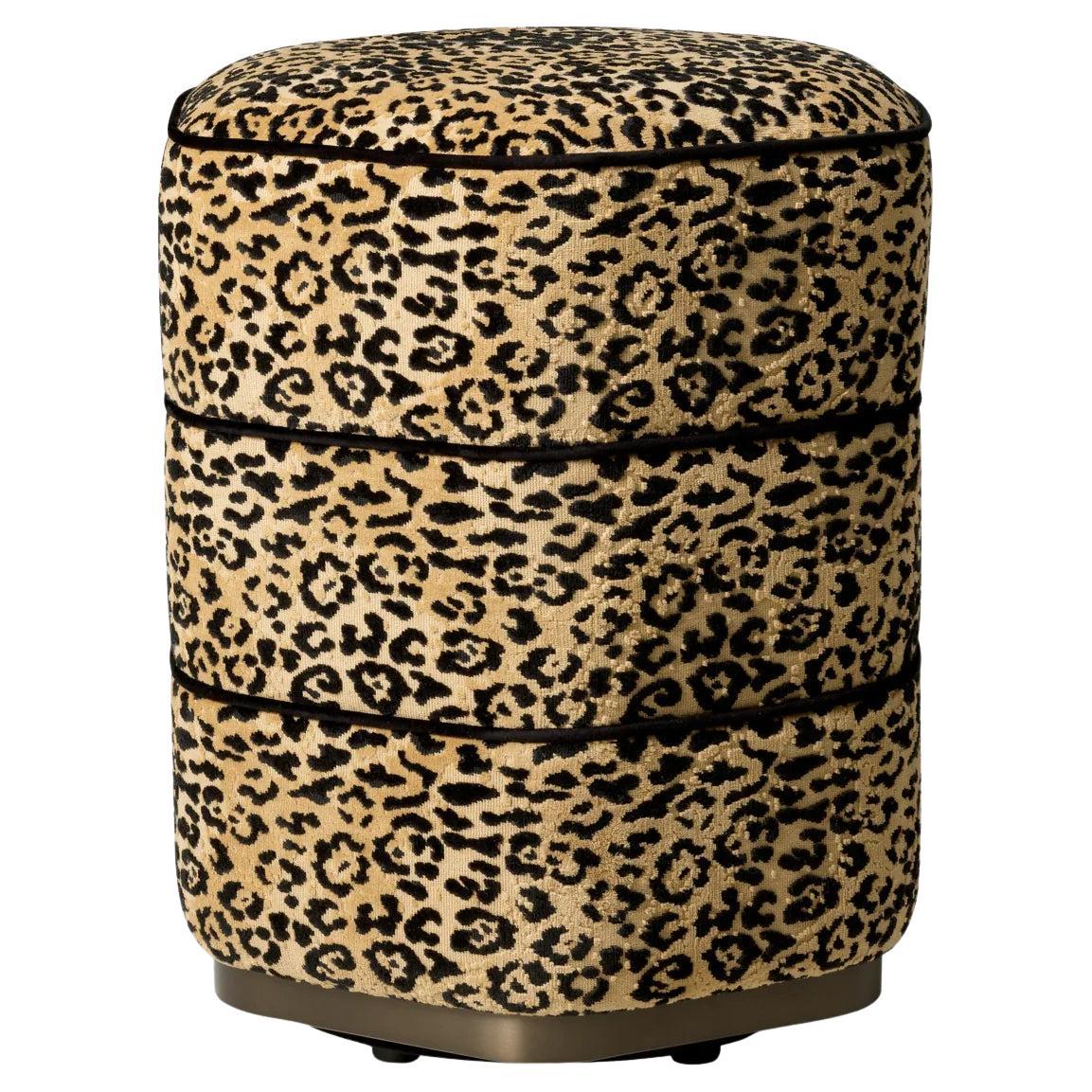Stool, Leopard Camel Fabric, Bronze Finish Base