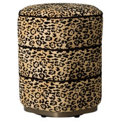 Stool, Leopard Camel Fabric, Bronze Finish Base