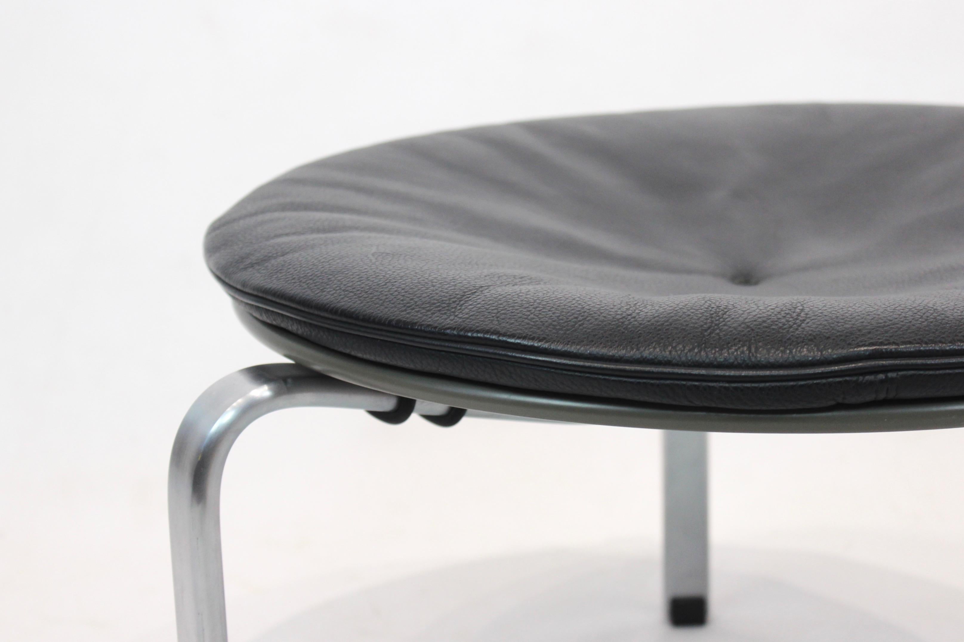 Danish Stool, Model PK33, with Seat of Black Leather by Poul Kjærholm and Fritz Hansen
