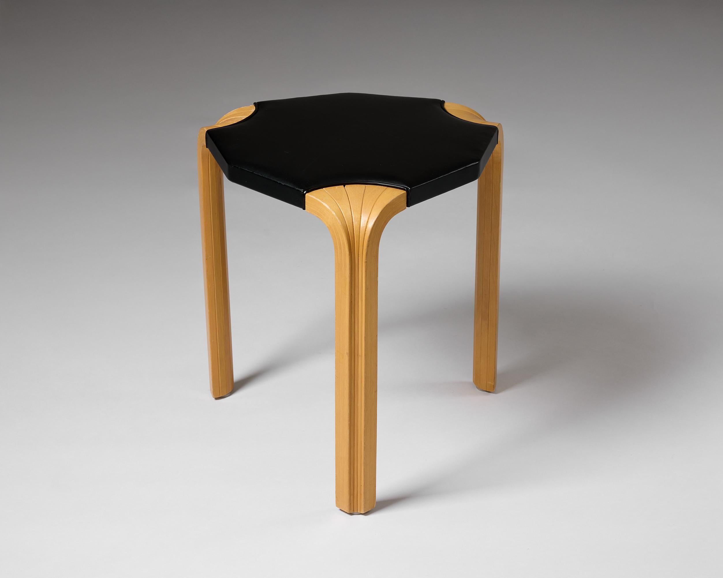Stool, model X602 designed by Alvar Aalto, Finland, 1950s.

Lacquered birch with seat upholstered in artificial leather.

H: 45.5 cm / 17 7/8