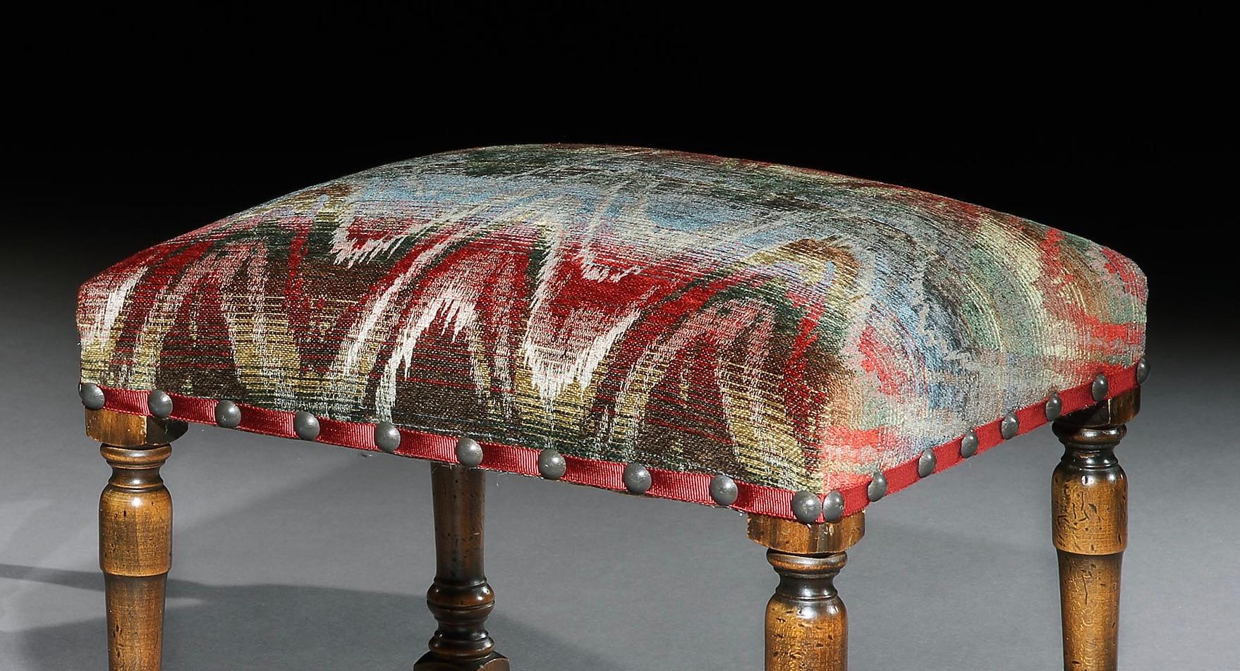 Baroque Revival Stool Pair of Upholstered Walnut Bargello Flame Stitch Baroque-Style Antiquarian
