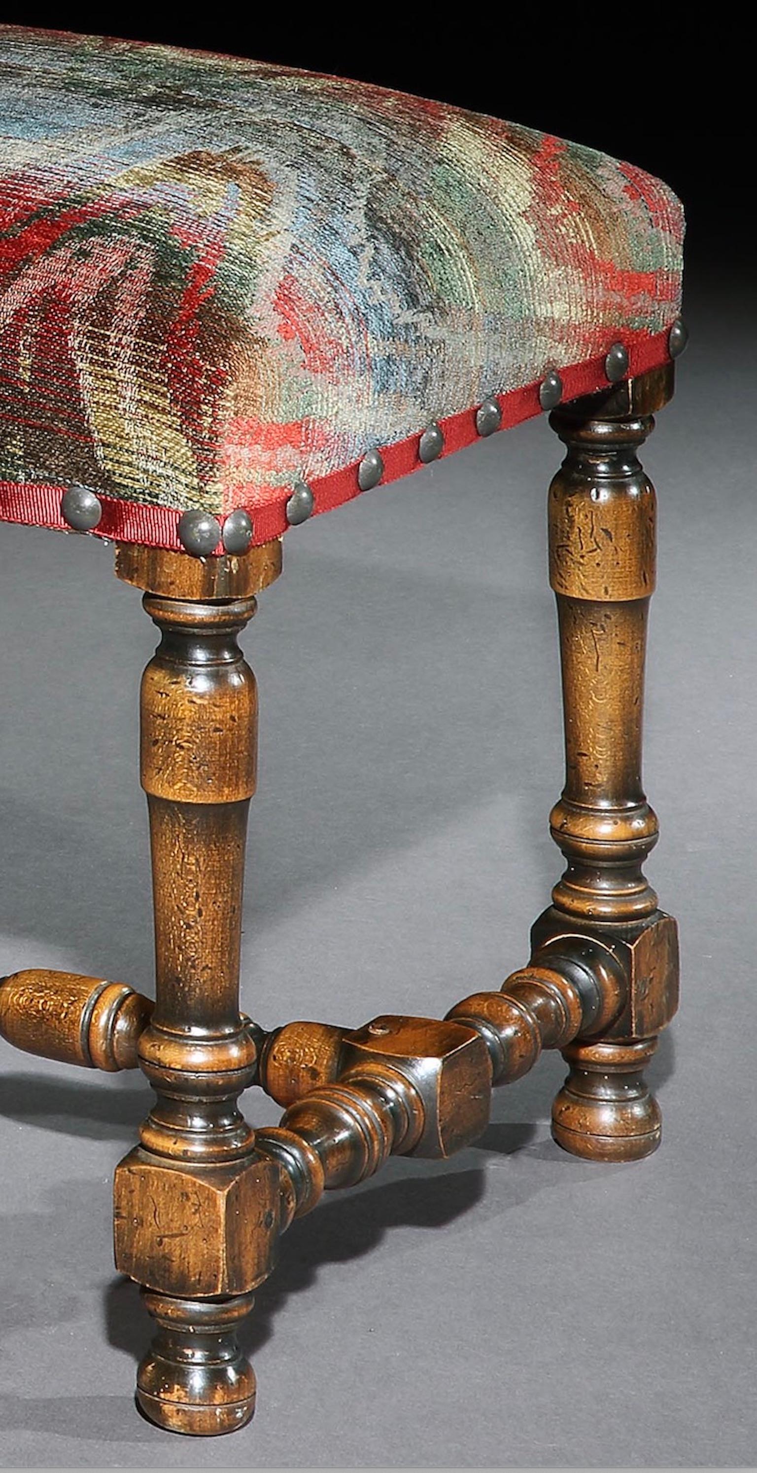 British Stool Pair of Upholstered Walnut Bargello Flame Stitch Baroque-Style Antiquarian