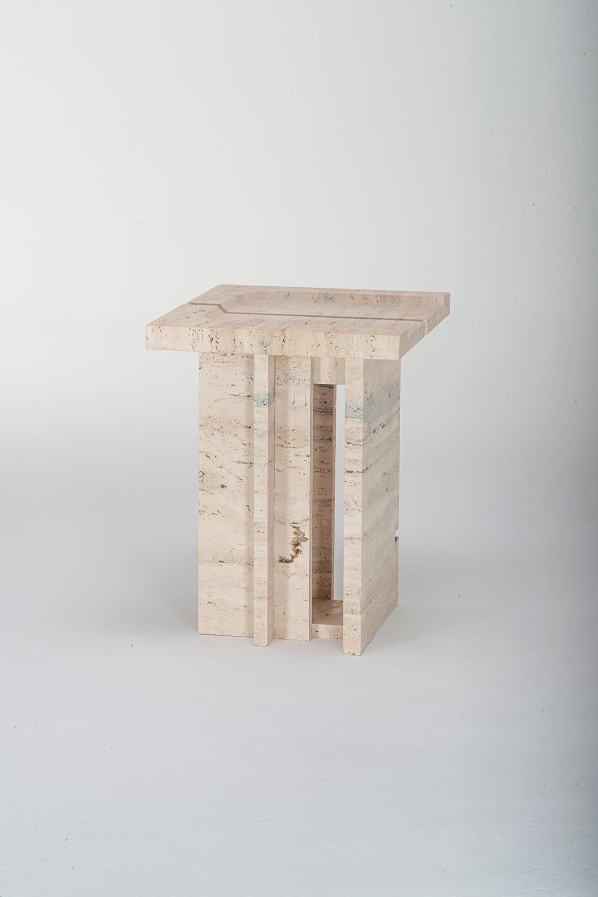 Contemporary Kahn – Handcrafted Roman Travertine Stool by Sanna Völker, Brutalist Design Made For Sale