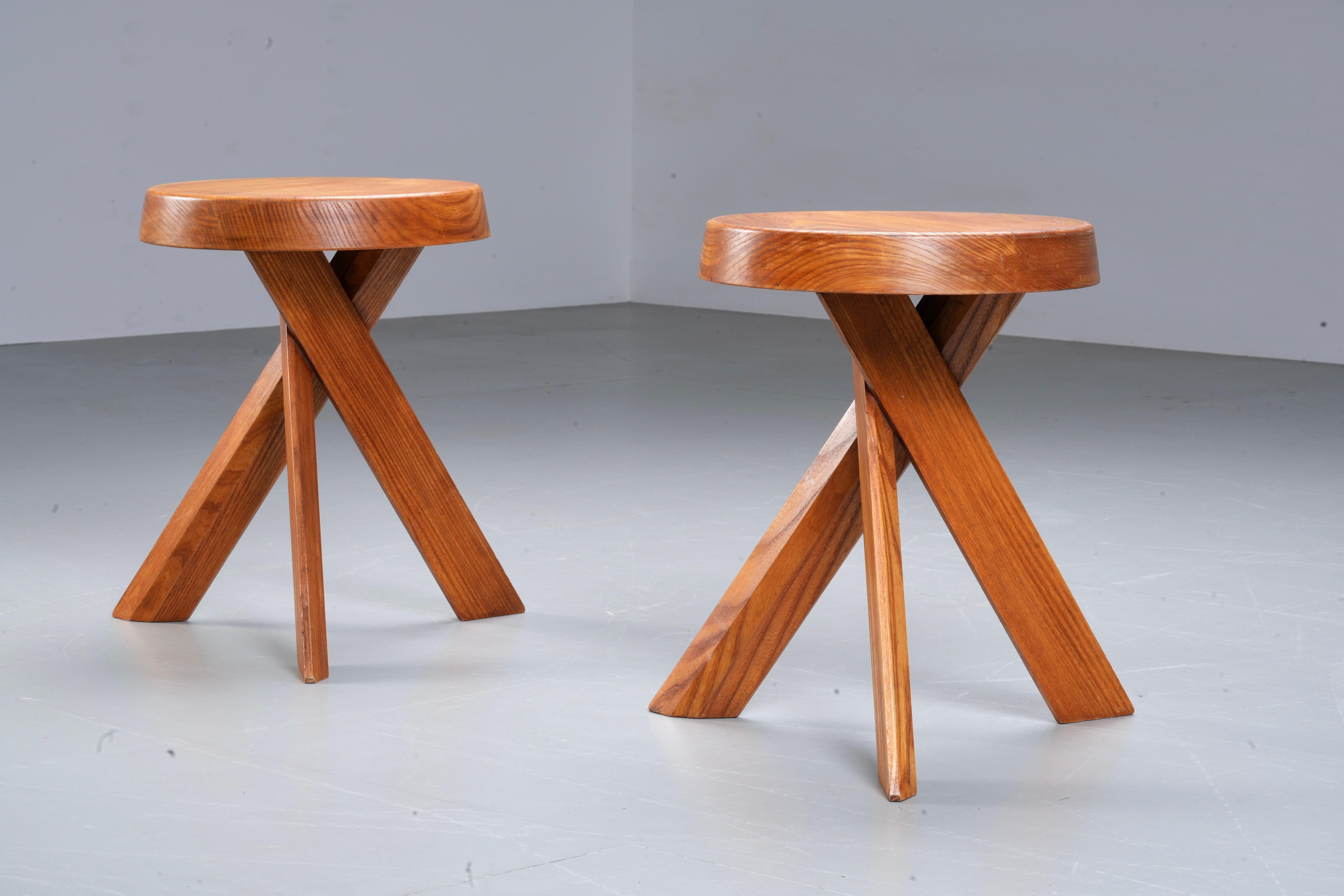Mid-Century Modern Stool S13A old version by Pierre Chapo in Elm, France, 1970's For Sale