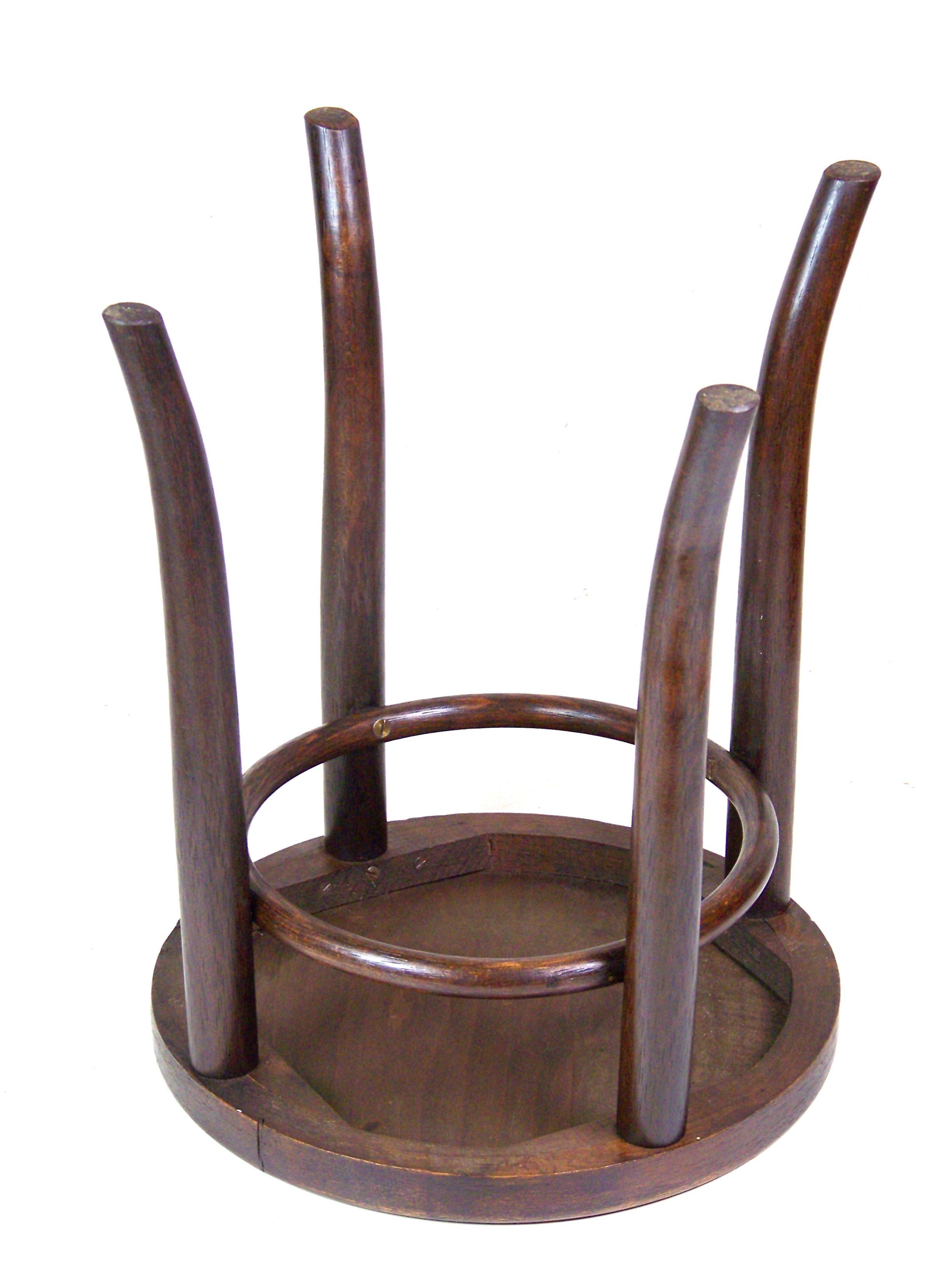 Original state with a pleasant patine of age, perfectly cleaned and re-polished with shelack finish.  Stool has an interesting finish - imitation oak wood (which was created by drilling artificial pores imitating oak wood into beech wood and
