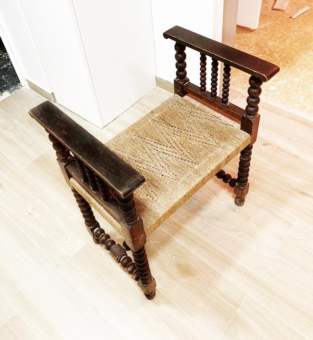 Spanish Colonial Stool Turned Legs and Natural Fiber Seat Benche, Spain For Sale