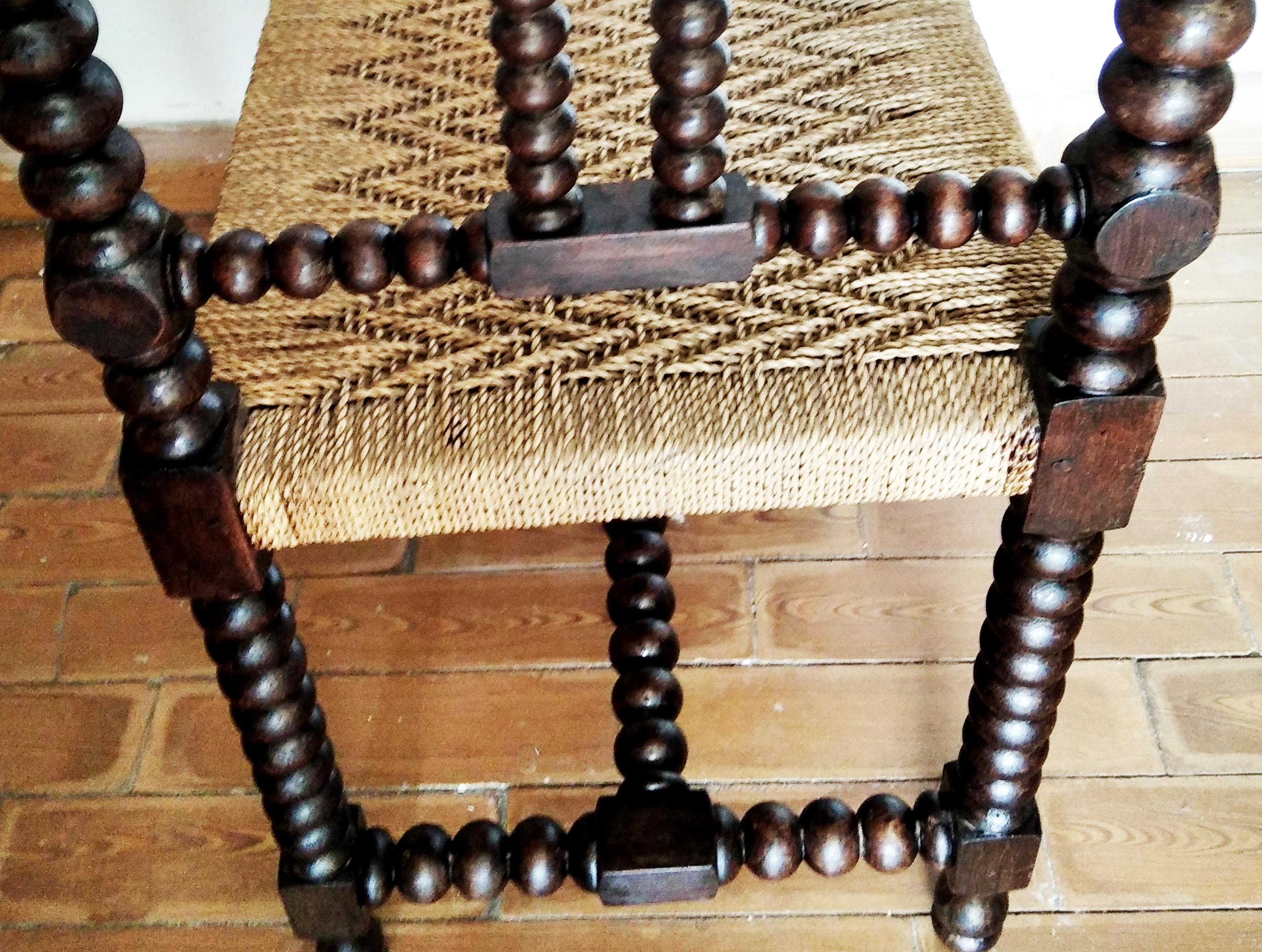Renaissance Revival Stool Turned Legs and Natural Fiber Seat Benche, Spain