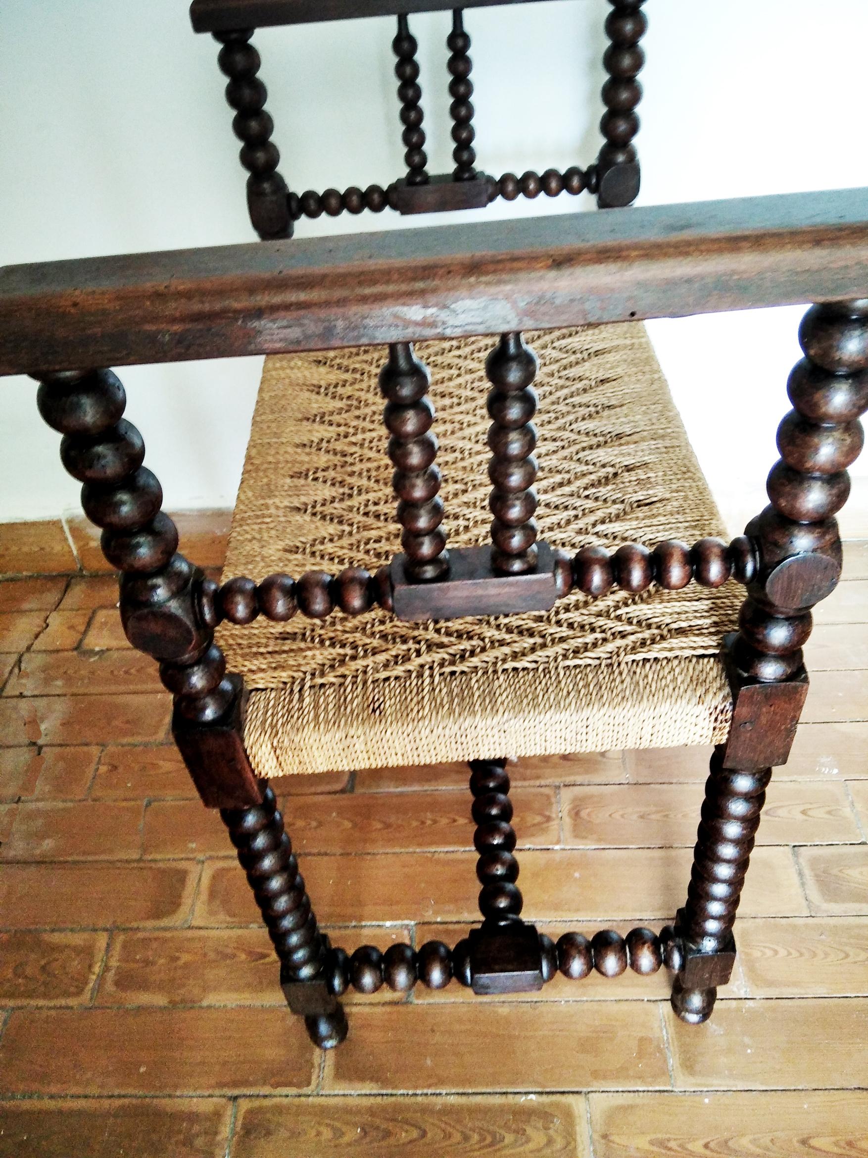 18th Century and Earlier Stool Turned Legs and Natural Fiber Seat Benche, Spain