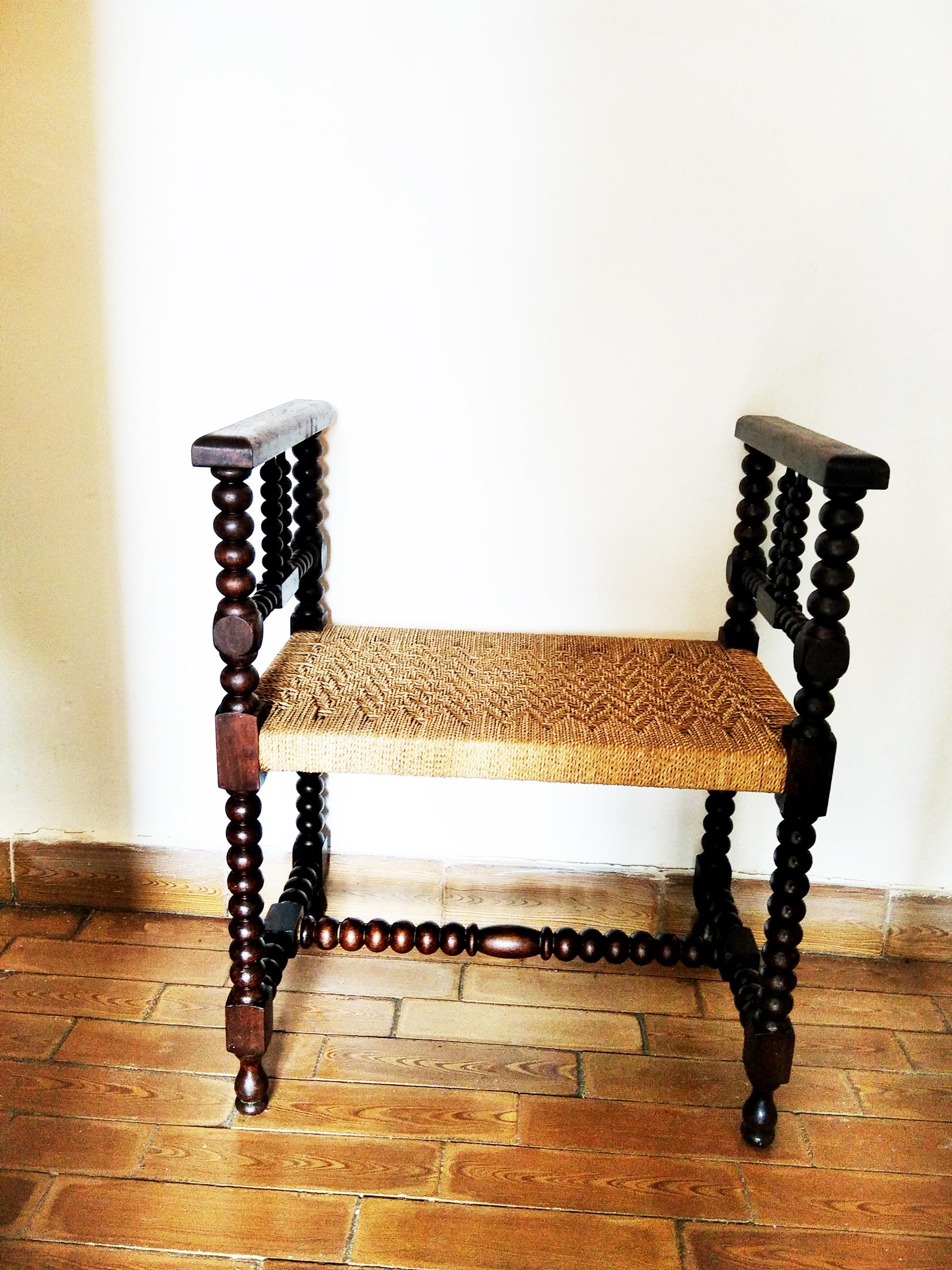 Chestnut Stool Turned Legs and Natural Fiber Seat Benche, Spain