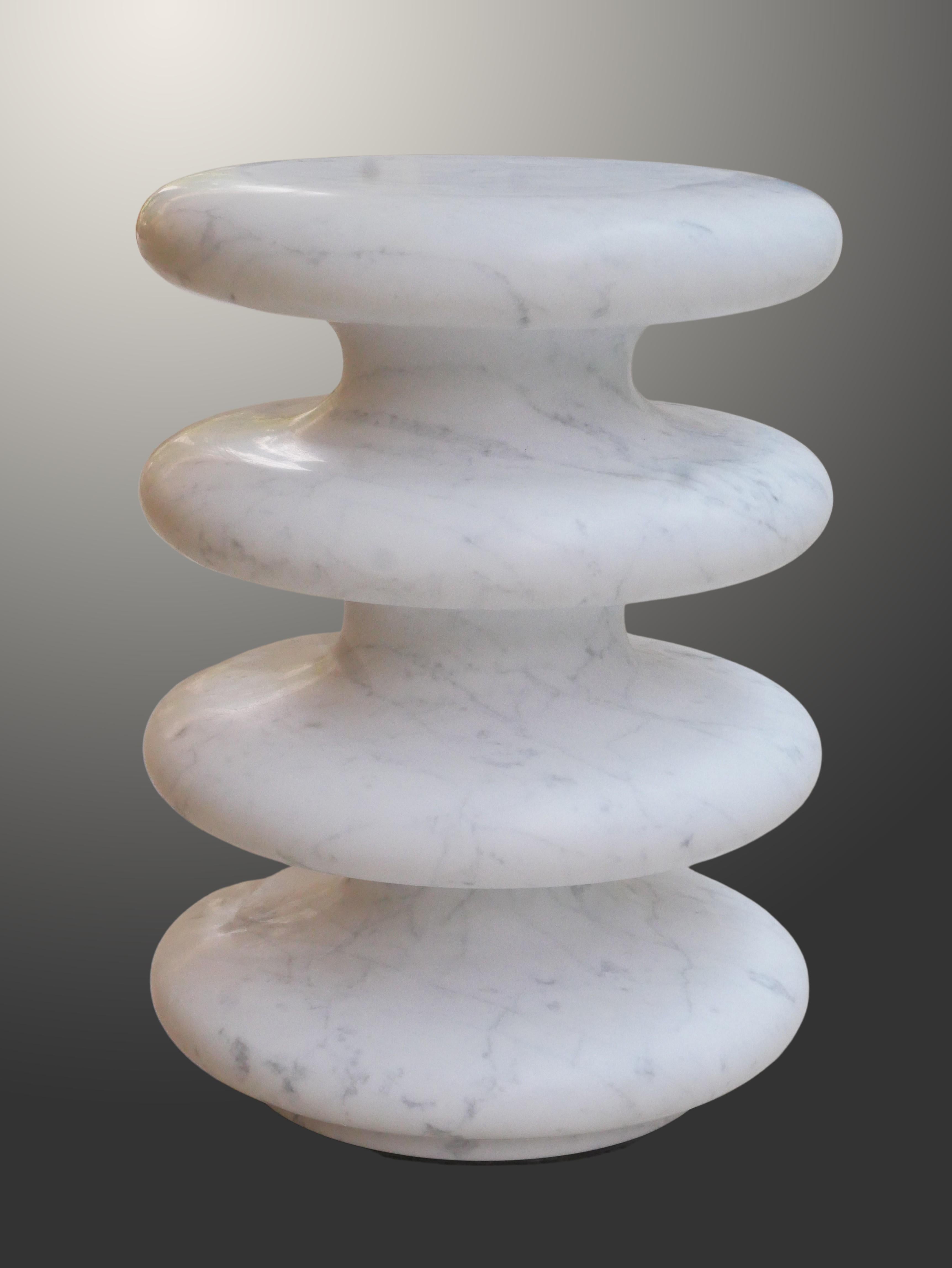 Stool or side table twist made by designer Patrick LAROCHE, Meilleur Ouvrier de France, in Carrara marble hand polished finish. The piece is smooth and elegant. 
Made in France, signed.
Limited edition
Known for his sculptural work, Patrick Laroche