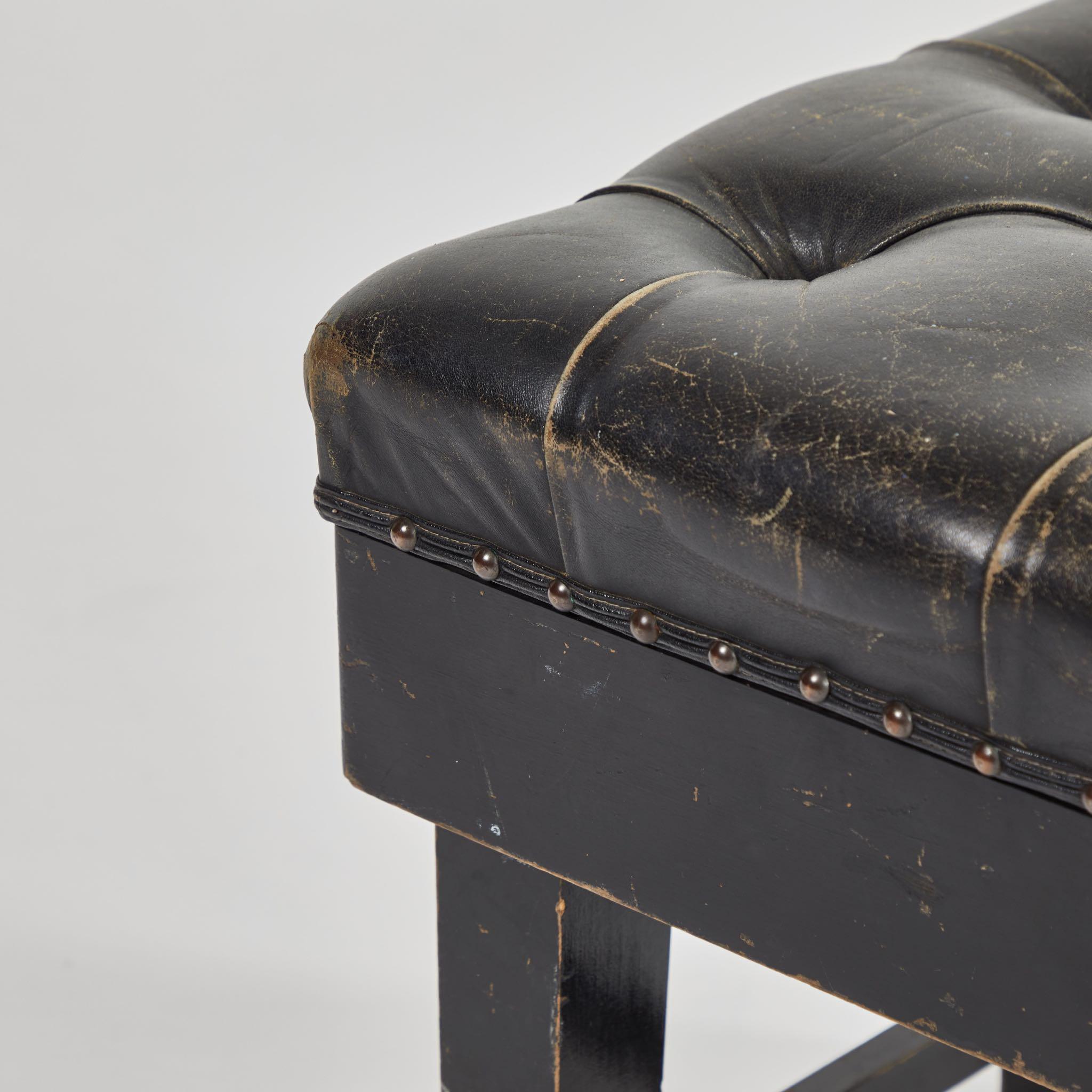French Stool Upholstered in Black Leather