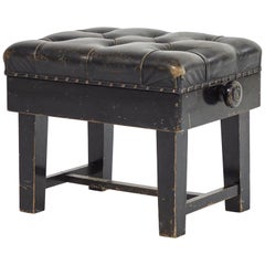 Antique Stool Upholstered in Black Leather