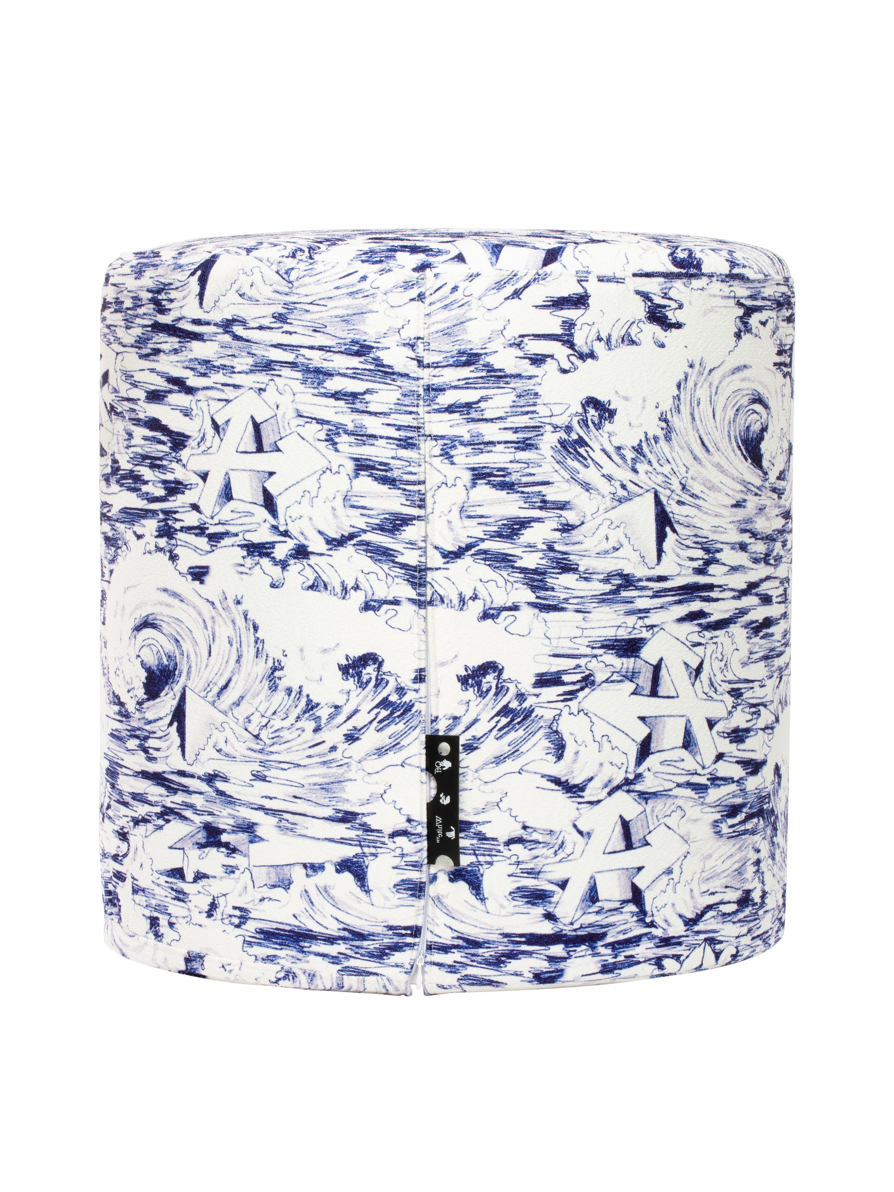 Upholstered stool in Waves printed fabric, following same wallpaper pattern. Holed Black leather label on the side
By Virgil Abloh
Dimensions: 45 W x 45 H
This item is only available to be purchased and shipped to the United States.