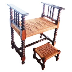 Antique Stool  with Footstools Turned Legs  and Natural Fiber Seat Late 19th Century