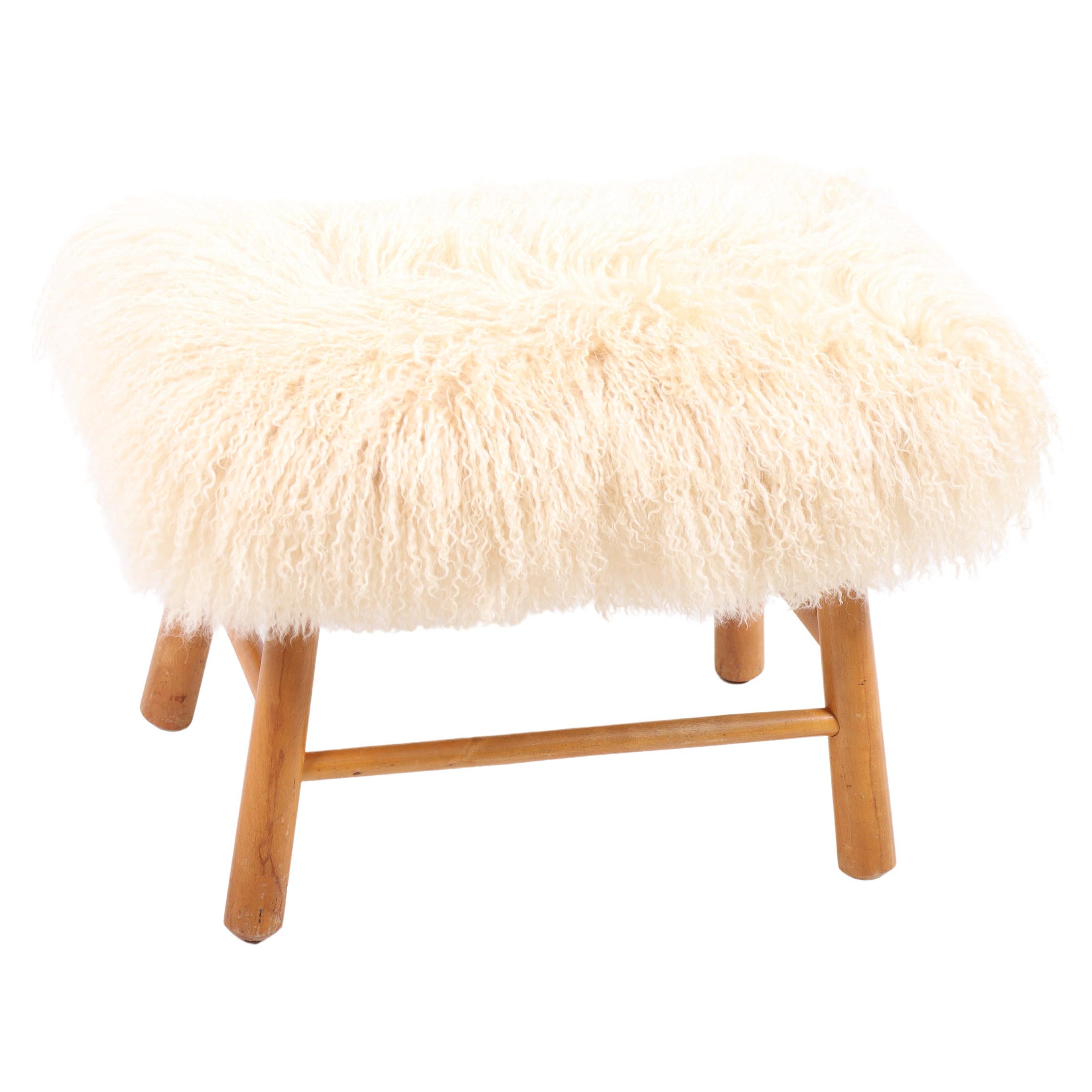 Danish Stool with Sheepskin, Made in Denmark 1940s For Sale