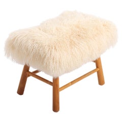 Vintage Stool with Sheepskin, Made in Denmark 1940s